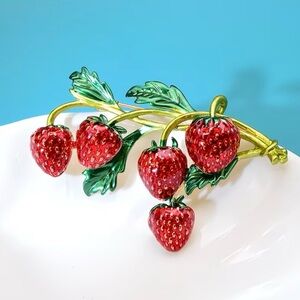 Red Strawberry Branch Enamel Brooch - Gold & Green Accents